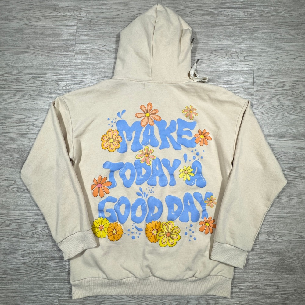Blackbough‎ Women Hoodie Make Today A Good Day Graphic Cream Size M Floral Retro